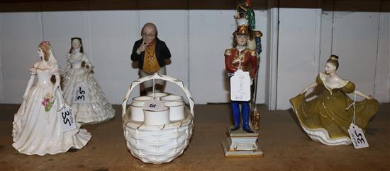 3 x porcelain figurines, Doulton, Coalport and Worcester, 3 other figures and an egg cruet